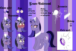 Size: 3000x2000 | Tagged: safe, artist:ghostygirl01, artist:ghostygirl02, base used, derpibooru original, oc, oc only, oc:lenore, species:pony, species:unicorn, accessories, blushing, confident, cutie mark, ear piercing, earring, expressions, eyeshadow, female, goth, jewelry, lipstick, makeup, piercing, purple background, reference sheet, silly face, simple background, solo, spider web, surprised, tongue out