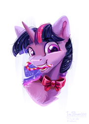 Size: 1592x2198 | Tagged: safe, artist:teaflower300, character:twilight sparkle, species:pony, bow tie, bust, candy, candy cane, cheek fluff, cute, ear fluff, female, food, mare, mouth hold, portrait, simple background, smiling, solo, twiabetes, white background