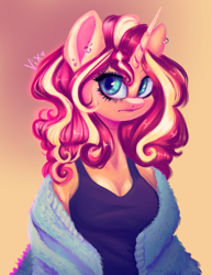 Size: 3087x4008 | Tagged: safe, artist:thewickedvix, character:sunset shimmer, species:anthro, species:pony, species:unicorn, clothing, cozy, ear piercing, earring, female, gradient background, jewelry, looking at you, mare, piercing, solo, tank top