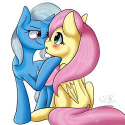 Size: 2000x2000 | Tagged: safe, artist:yoshiyoshi700, character:fluttershy, character:trixie, species:pegasus, species:pony, species:unicorn, ship:trixieshy, blushing, boop, female, lesbian, noseboop, shipping, smiling