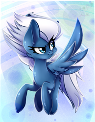 Size: 836x1080 | Tagged: safe, artist:bloody-pink, character:night glider, species:pegasus, species:pony, g4, abstract background, female, flying, mare, smiling, solo, spread wings, wings