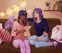 Size: 1280x1088 | Tagged: safe, artist:blueberry-ghost, character:rarity, character:twilight sparkle, species:human, ship:rarilight, alicorn humanization, book, clothing, couch, dark skin, duo, female, glasses, heart, horn, horned humanization, humanized, lesbian, light skin, lights, pillow, potted plant, shelf, shipping, slippers, socks, winged humanization, wings