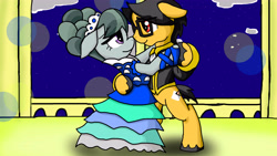 Size: 4608x2592 | Tagged: safe, artist:a.s.e, character:marble pie, oc, oc:a.s.e, species:pony, balcony, beautiful, canon x oc, clothing, dancing, dress, female, handsome, male, mare, night, romance, romantic, smiling, stallion, straight