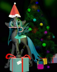 Size: 1600x2043 | Tagged: safe, artist:fluffyrescent, artist:uncertainstardust, character:queen chrysalis, species:changeling, 2020, 3d, beverage, candy, candy cane, christmas, christmas changeling, christmas tree, clothing, cute, cutealis, female, food, happy new year, hat, holiday, love, new year tree, new years eve, present, santa hat, solo, tree