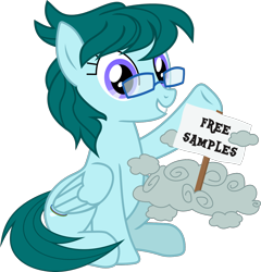 Size: 1248x1302 | Tagged: safe, artist:yoshimon1, derpibooru original, oc, oc only, oc:cloudy bits, species:pegasus, species:pony, 2020 community collab, derpibooru community collaboration, cloud, female, glasses, looking at you, mare, raised hoof, sign, simple background, sitting, solo, story included, transparent background