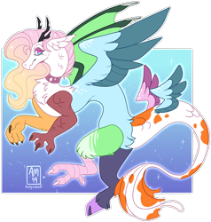 Size: 1024x1076 | Tagged: safe, artist:kittyisawolf, oc, oc only, oc:entropy, parent:discord, parent:princess celestia, parents:dislestia, species:draconequus, choker, draconequus oc, female, gradient hair, hybrid, interspecies offspring, multiple wings, offspring, solo, wings