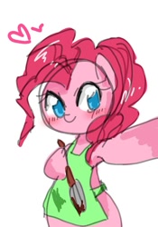 Size: 814x1163 | Tagged: safe, artist:destroyer_aky, character:pinkie pie, species:earth pony, species:pony, apron, bipedal, blushing, clothing, cute, diapinkes, female, food, frosting, heart, hoof hold, mare, no pupils, simple background, solo, spatula, white background