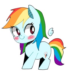 Size: 768x768 | Tagged: safe, artist:destroyer_aky, character:rainbow dash, species:pegasus, species:pony, blushing, chibi, cute, dashabetes, female, floating wings, mare, simple background, smiling, solo, white background, wings