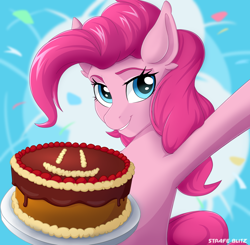 Size: 1826x1786 | Tagged: safe, artist:strafe blitz, character:pinkie pie, species:earth pony, species:pony, c:, cake, cute, diapinkes, ear fluff, female, food, looking at you, smiling, solo