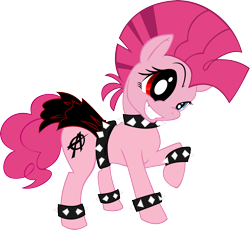 Size: 3626x3342 | Tagged: safe, artist:grinning-alex, character:pinkie pie, species:earth pony, species:pony, comic:a piece of pie, alternate hairstyle, bracelet, choker, evil grin, female, grin, heterochromia, high res, mare, mohawk, punk, punkie pie, raised hoof, simple background, solo, spiked choker, spiked wristband, transparent background, vector