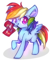 Size: 920x1080 | Tagged: safe, artist:frgtmenot_mind, character:rainbow dash, species:pegasus, species:pony, cloudsdale flag, cute, dashabetes, ear fluff, female, flag, mare, mouth hold, rainbow falls (location), simple background, solo, white background