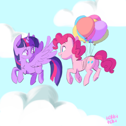 Size: 1200x1200 | Tagged: safe, artist:bokkitoki, character:pinkie pie, character:twilight sparkle, character:twilight sparkle (alicorn), species:alicorn, species:earth pony, species:pony, balloon, cloud, duo, female, floating, flying, mare, then watch her balloons lift her up to the sky, underhoof