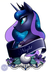 Size: 1024x1449 | Tagged: safe, artist:graphic-ginger, character:princess luna, species:pony, bust, crescent moon, crown, cute, ethereal mane, female, flower, galaxy mane, jewelry, lunabetes, mare, moon, old banner, portrait, regalia, simple background, solo, white background