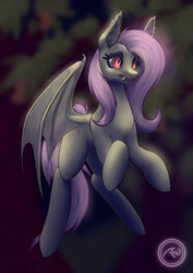 Size: 2059x2912 | Tagged: safe, artist:graphic-ginger, character:flutterbat, character:fluttershy, species:bat pony, species:pony, abstract background, bat ponified, female, flying, looking away, mare, print, race swap, red eyes, signature, solo, spread wings, three quarter view, watermark, wings