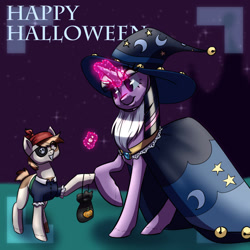 Size: 1080x1080 | Tagged: safe, artist:graphic-ginger, character:pipsqueak, character:twilight sparkle, species:pony, candy, clothing, colt, costume, duo, eye clipping through hair, female, food, halloween, holiday, magic, male, mare, night, nightmare night, nightmare night costume, pirate, smiling, speedpaint available, star swirl the bearded costume, stars, telekinesis