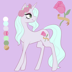 Size: 1080x1080 | Tagged: safe, artist:graphic-ginger, oc, oc only, species:pony, species:unicorn, adoptable, cutie mark, female, floral head wreath, flower, head turn, mare, reference sheet, rose, solo