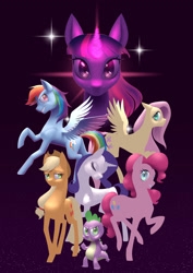 Size: 2059x2912 | Tagged: safe, artist:graphic-ginger, character:applejack, character:fluttershy, character:pinkie pie, character:rainbow dash, character:rarity, character:spike, character:twilight sparkle, species:dragon, species:earth pony, species:pegasus, species:pony, species:unicorn, cutie mark, eyes closed, female, floppy ears, flying, glowing horn, gradient background, grin, horn, looking at you, male, mane seven, mane six, mare, print, raised hoof, smiling, wip