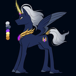 Size: 1080x1080 | Tagged: safe, artist:graphic-ginger, oc, oc only, species:alicorn, species:pony, adoptable, alicorn oc, blue background, cutie mark, glowing horn, horn, horn jewelry, jewelry, lidded eyes, male, male alicorn, male alicorn oc, reference sheet, regalia, simple background, solo, spread wings, stallion, tail jewelry, unshorn fetlocks, windswept mane, wings
