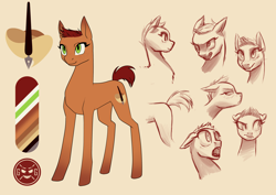 Size: 2912x2059 | Tagged: safe, artist:graphic-ginger, oc, oc only, oc:desert dust, species:earth pony, species:pony, cutie mark, expressions, female, mare, reference sheet, short hair, simple background, smiling, solo, yellow background