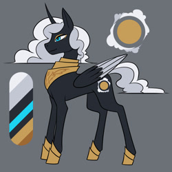 Size: 1080x1080 | Tagged: safe, artist:graphic-ginger, oc, oc only, species:alicorn, species:pony, adoptable, alicorn oc, armor, cloud mane, cutie mark, gray background, jewelry, peytral, reference sheet, regalia, simple background, smiling, solo