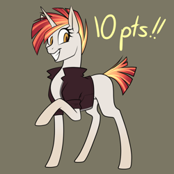 Size: 1080x1080 | Tagged: safe, artist:graphic-ginger, oc, oc only, species:pony, species:unicorn, adoptable, blank flank, brown background, clothing, female, grin, jacket, mare, raised hoof, simple background, smiling, solo