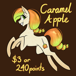 Size: 1080x1080 | Tagged: safe, artist:graphic-ginger, oc, oc only, oc:caramel apple, species:earth pony, species:pony, adoptable, brown background, cutie mark, female, freckles, grin, looking at you, mare, simple background, smiling, solo