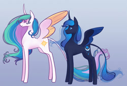 Size: 1280x864 | Tagged: safe, artist:graphic-ginger, character:princess celestia, character:princess luna, species:alicorn, species:pony, alternate cutie mark, curved horn, duo, female, gradient background, horn, leonine tail, mare, missing accessory, profile, redesign, royal sisters, smiling