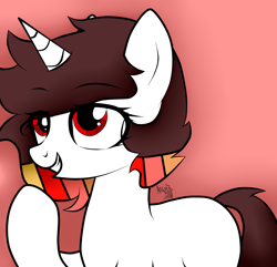 Size: 1748x1685 | Tagged: safe, artist:arrgus-korr, base used, oc, oc only, species:pony, species:unicorn, female, halfbody, mare, red background, smiling, solo