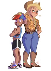 Size: 640x883 | Tagged: safe, artist:bokkitoki, character:applejack, character:rainbow dash, species:human, ship:appledash, boots, clothing, cowboy boots, cowboy hat, crossed arms, duo, female, hat, height difference, humanized, lesbian, shipping, shoes, simple background, smoldash, straw in mouth, white background