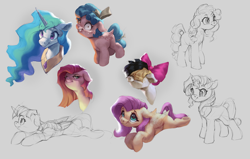 Size: 3000x1913 | Tagged: safe, artist:vanillaghosties, character:cozy glow, character:fluttershy, character:pear butter, character:pinkamena diane pie, character:pinkie pie, character:princess celestia, character:songbird serenade, character:sunset shimmer, character:twilight sparkle, character:twilight sparkle (alicorn), species:alicorn, species:earth pony, species:pegasus, species:pony, species:unicorn, my little pony: the movie (2017), spoiler:my little pony movie, bow, bust, female, filly, floppy ears, grin, hair bow, lineart, looking at you, lying down, mare, peytral, shrunken pupils, simple background, smiling, unamused