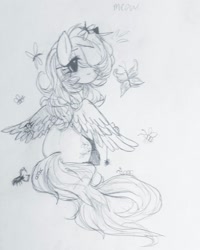 Size: 1080x1350 | Tagged: safe, artist:luluneusa, character:fluttershy, species:pegasus, species:pony, alternate hairstyle, bee, butterfly, cute, dragonfly, female, grayscale, hair over one eye, head turn, insect, looking at something, mare, monochrome, rear view, scorpion, shyabetes, sitting, sketch, solo, spider, spread wings, traditional art, wings