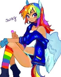 Size: 480x600 | Tagged: safe, artist:luluneusa, character:rainbow dash, species:human, belly button, boots, candy, choker, clothing, eared humanization, female, fingerless gloves, food, gloves, humanized, jacket, lollipop, looking at you, midriff, off shoulder, rainbow socks, shoes, shorts, socks, solo, striped socks, swag, tailed humanization, winged humanization, wings