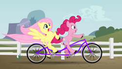 Size: 1024x576 | Tagged: safe, artist:rtry, character:fluttershy, character:pinkie pie, bicycle, tandem