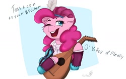 Size: 1280x801 | Tagged: safe, artist:tavifly, character:pinkie pie, species:earth pony, species:pony, abstract background, bard pie, bust, cheek fluff, clothing, cute, dialogue, diapinkes, ear fluff, feather, female, lute, mare, musical instrument, one eye closed, open mouth, singing, solo, the witcher, wink
