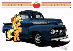 Size: 3438x2432 | Tagged: safe, artist:berlioz-ii, character:applejack, species:earth pony, species:pony, g4, bipedal, car, female, ford, ford f-1, mare, rearing, signature, solo, truck