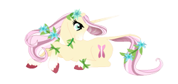 Size: 711x339 | Tagged: safe, artist:a-chatty-cathy, character:fluttershy, species:pony, species:unicorn, g5 leak, leak, female, flower, flower in hair, fluttershy (g5), hooves, mare, simple background, transparent background, unicorn fluttershy, vine