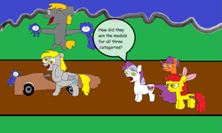Size: 1107x663 | Tagged: safe, artist:coltfan97, character:apple bloom, character:crackle pop, character:derpy hooves, character:scootaloo, character:sweetie belle, episode:the cart before the ponies, g4, my little pony: friendship is magic, cart, deleted scene, ribbon