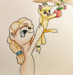 Size: 1024x1055 | Tagged: safe, artist:sv37, character:applejack, character:pear butter, species:earth pony, species:pony, apple, female, filly, filly applejack, food, holding a pony, mother and child, mother and daughter, traditional art, younger
