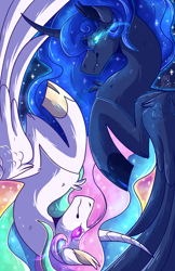 Size: 3850x5950 | Tagged: safe, artist:kittyisawolf, character:princess celestia, character:princess luna, species:alicorn, species:pony, colored pupils, curved horn, duo, fangs, glowing eyes, horn, mirrored, royal sisters, signature, yin-yang