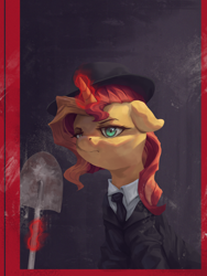 Size: 3000x4000 | Tagged: safe, artist:vanillaghosties, character:sunset shimmer, species:pony, species:unicorn, absurd file size, clothing, eminem, female, floppy ears, glowing horn, hat, high res, horn, magic, necktie, shovel, slim shady, solo, suit, telekinesis