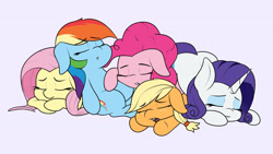 Size: 2600x1464 | Tagged: safe, artist:blitzyflair, character:applejack, character:fluttershy, character:pinkie pie, character:rainbow dash, character:rarity, species:earth pony, species:pegasus, species:pony, species:unicorn, cuddle puddle, cuddling, cute, eyes closed, female, floppy ears, freckles, lying down, mare, open mouth, pony pile, simple background, sleeping, underhoof