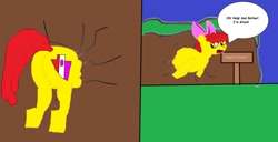 Size: 1280x656 | Tagged: safe, artist:coltfan97, character:apple bloom, 1000 hours in ms paint, movie reference, rabbit hole, stuck, winnie the pooh