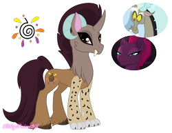 Size: 1501x1158 | Tagged: safe, artist:kittypaintyt, character:discord, character:tempest shadow, parent:discord, parent:tempest shadow, big cat, cloven hooves, crack ship offspring, crack shipping, curved horn, draconequus hybrid, fangs, female, horn, interspecies offspring, leopard, offspring, parents:tempestcord, paws, ram horns, shipping, simple background, solo, transparent background, unshorn fetlocks