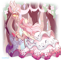 Size: 1282x1259 | Tagged: safe, artist:zlayd-oodles, character:discord, character:fluttershy, species:draconequus, species:pegasus, species:pony, ship:discoshy, bipedal, bow tie, clothing, cute, dress, female, holding hands, holding hooves, looking at each other, male, mare, outdoors, shipping, smiling, spread wings, straight, suit, this ended well, wedding dress, wings