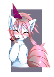 Size: 1163x1671 | Tagged: safe, artist:shoggoth-tan, oc, oc only, species:earth pony, species:pony, birthday, blushing, clothing, ear fluff, hat, party hat, party horn, pink hair, smiling, solo