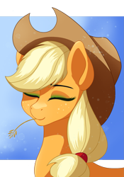 Size: 1119x1600 | Tagged: safe, artist:nathayro37, character:applejack, species:earth pony, species:pony, abstract background, bust, clothing, cowboy hat, cute, eyes closed, female, hat, jackabetes, mare, portrait, smiling, solo, straw in mouth