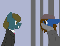 Size: 1510x1165 | Tagged: safe, artist:derpy_the_duck, oc, oc:clint, oc:lucky, species:earth pony, species:pony, fallout equestria, clothing, hat, mafia, prison cell, suit