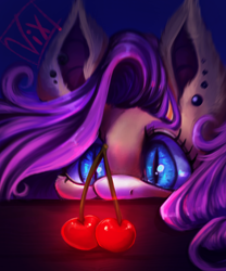 Size: 2280x2737 | Tagged: safe, artist:thewickedvix, character:flutterbat, character:fluttershy, species:bat pony, bat ponified, bust, cherry, cute, ear piercing, eyes on the prize, female, food, looking at something, piercing, portrait, race swap, shyabetes, signature, slit eyes, solo