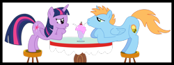 Size: 4002x1499 | Tagged: safe, artist:strumfreak, character:twilight sparkle, character:twilight sparkle (alicorn), oc, oc:harmony star, species:alicorn, species:pony, alicorn oc, canon x oc, female, looking at each other, male, milkshake, sharing a drink, shipping, simple background, straight, transparent background, twimony