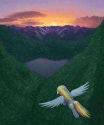 Size: 1600x1912 | Tagged: safe, artist:lurarin, character:rainbow dash, species:pegasus, species:pony, fanfic:austraeoh, fanfic art, female, flying, mare, scenery, solo